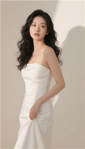 白色抹胸婚纱裙卷发美女摄影图片